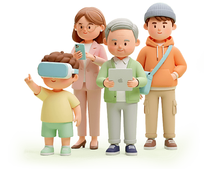 Vier stilisierte Personen verschiedener Altersgruppen nutzen digitale Geräte.